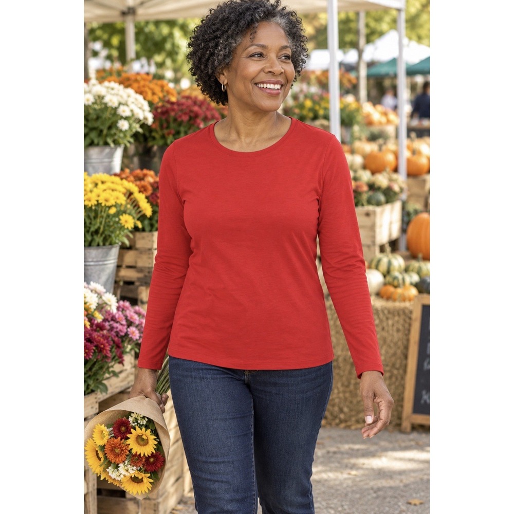 Talbots Cotton Long Sleeve Solid Round Neck Tee NWT Sz M RED